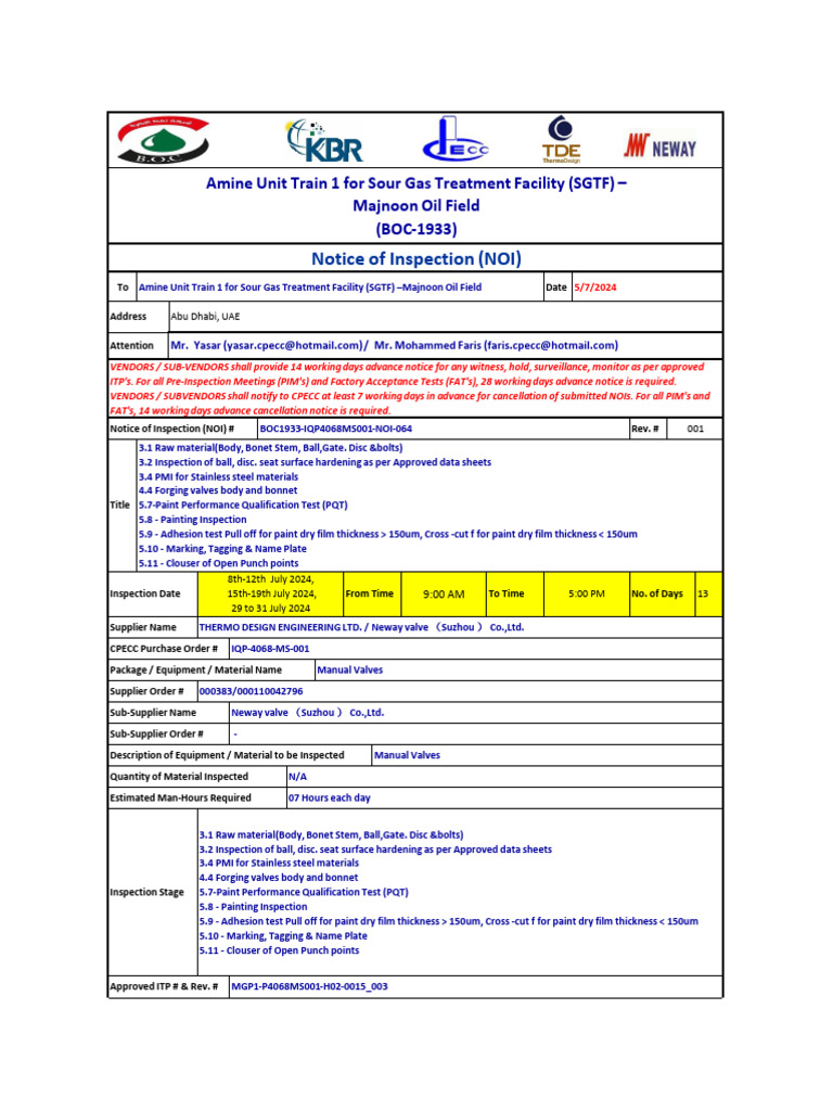 Amine Unit Train 1 Inspection Notice | PDF | Building Materials | Materials