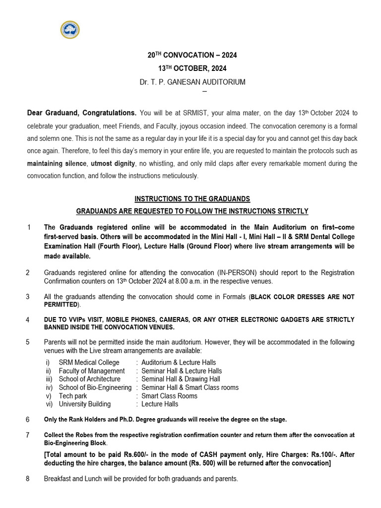 20th Convocation 2024 - 13-10-2024 - Instructions To The Graduands ...