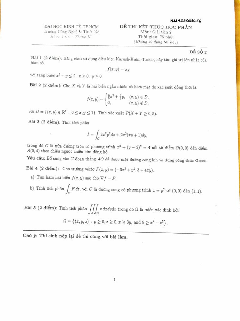 Giai Tich 2 - de 2 | PDF