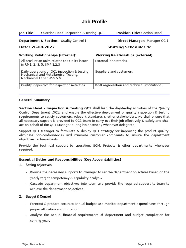 QC1 Section Head Job Profile | PDF | Laboratories | Audit