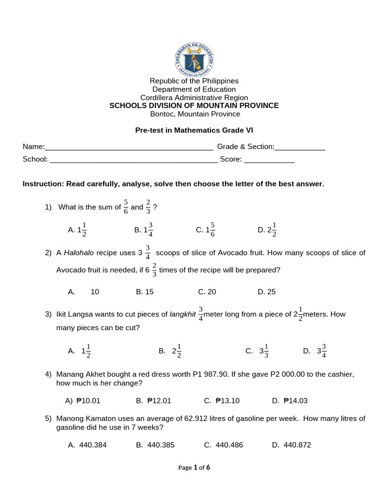 Grade VI Mathematics Pre-Test Philippines | PDF