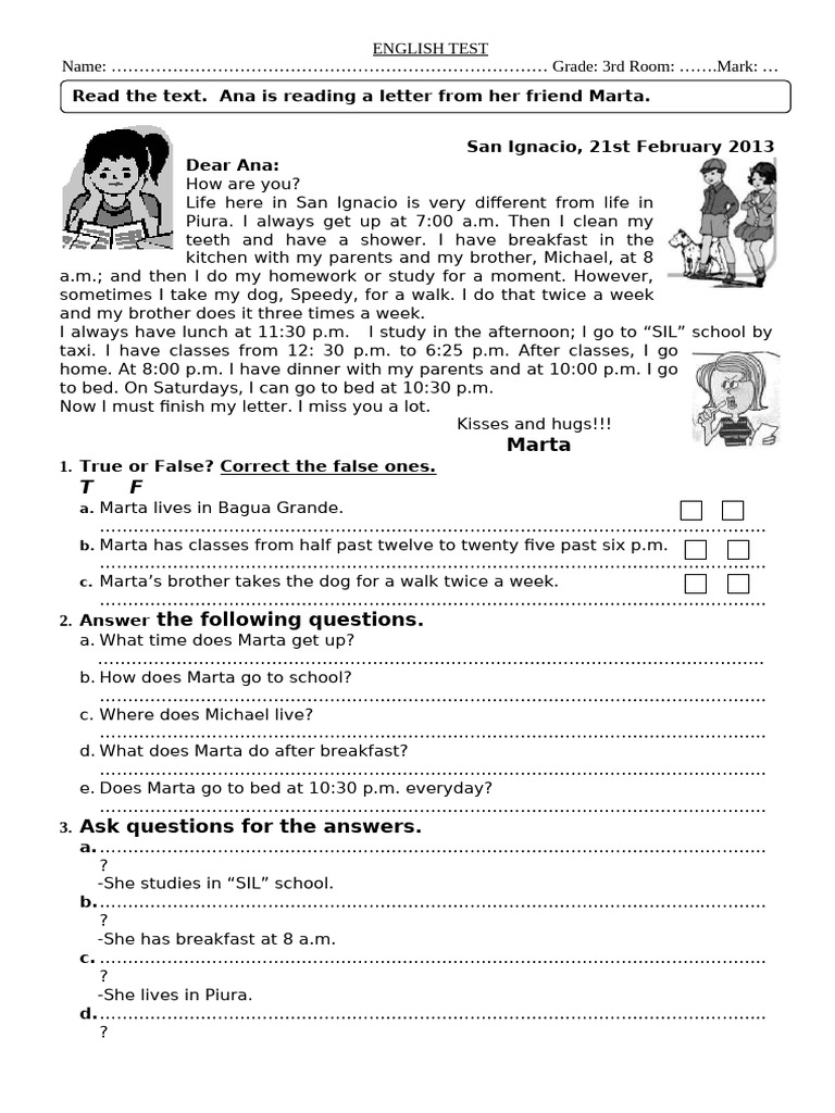 Test - Daily Routine - in A Letter 3° | PDF | Syntax | Grammar