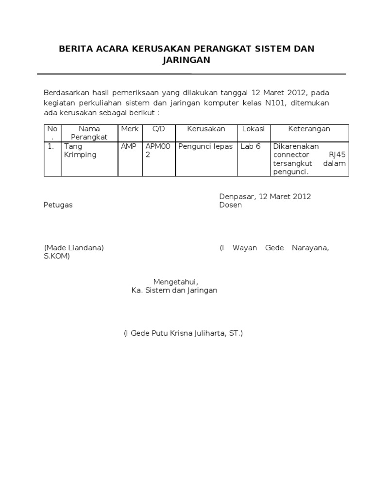 Berita Acara Kerusakan Perangkat Sistem Dan Jaringan