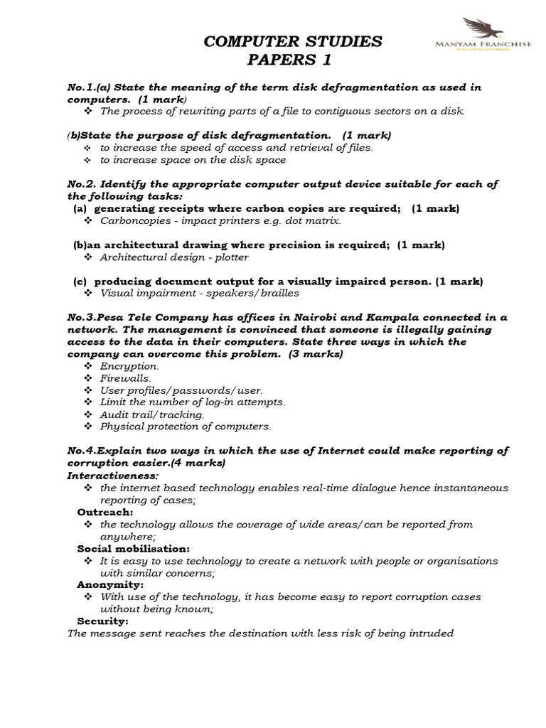 KCSE 2016 Computer Studies Paper 1 | PDF | Databases | Computer Network