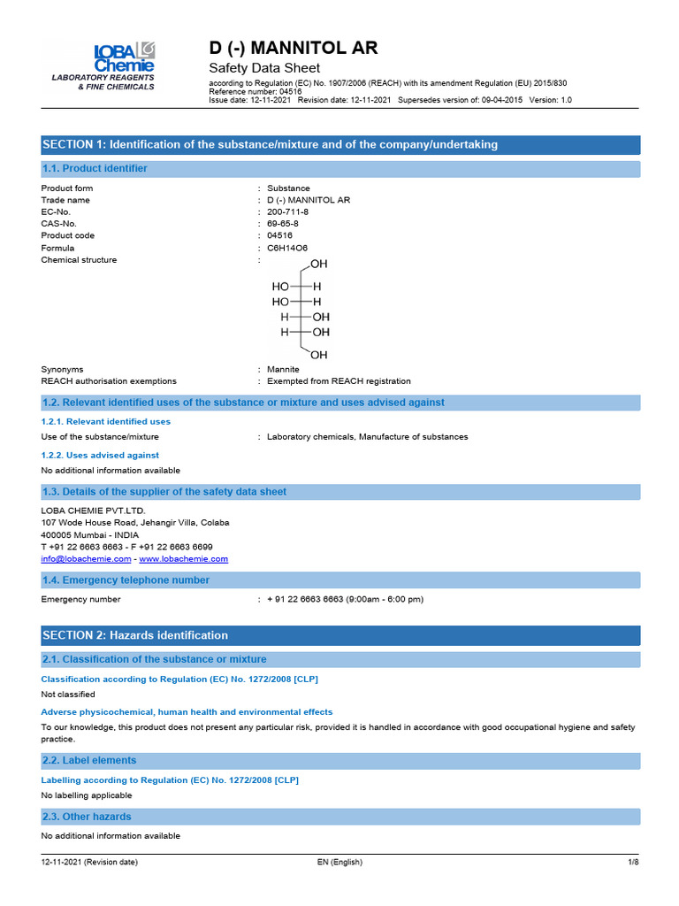 MSDS D MANNITOL CASNO 69 65 04516 EN - Aspx | PDF | Dangerous Goods ...
