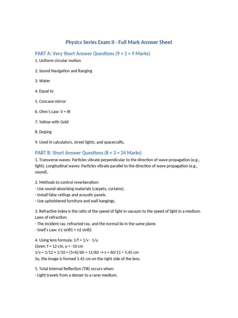 Physics Series Exam Full Marks Answers | PDF