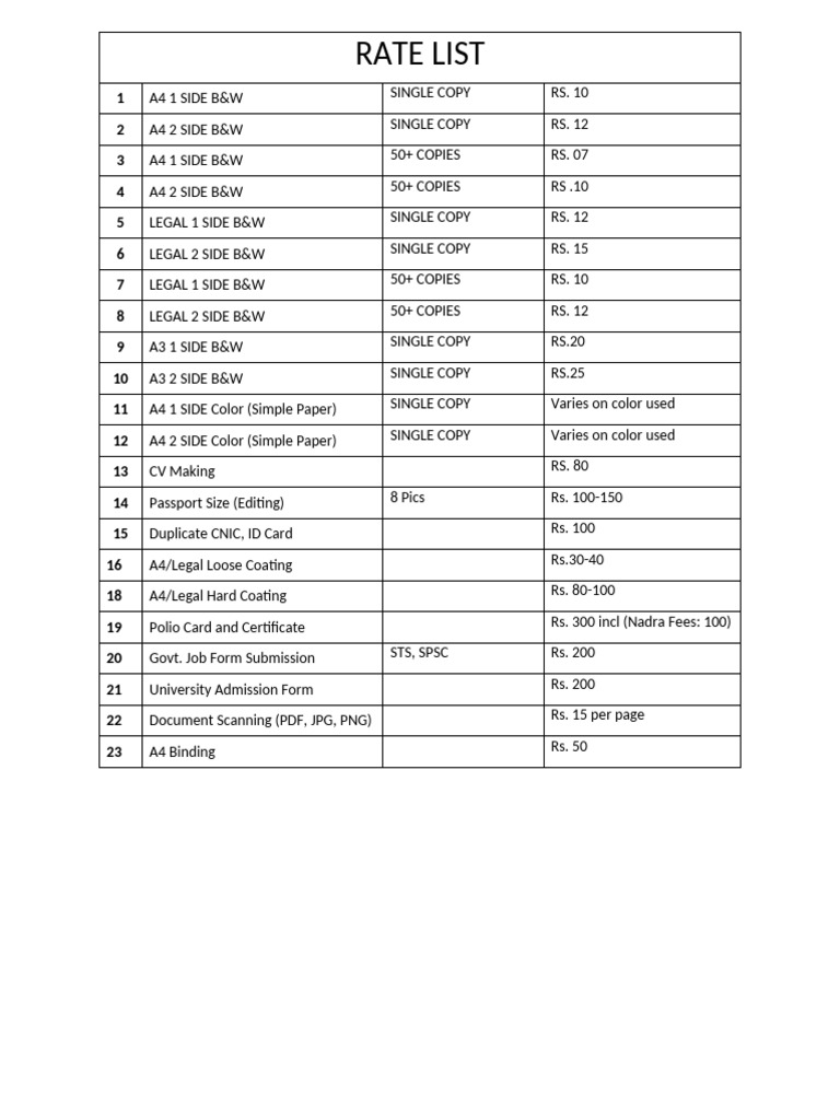 Printing and Document Services Rates | PDF