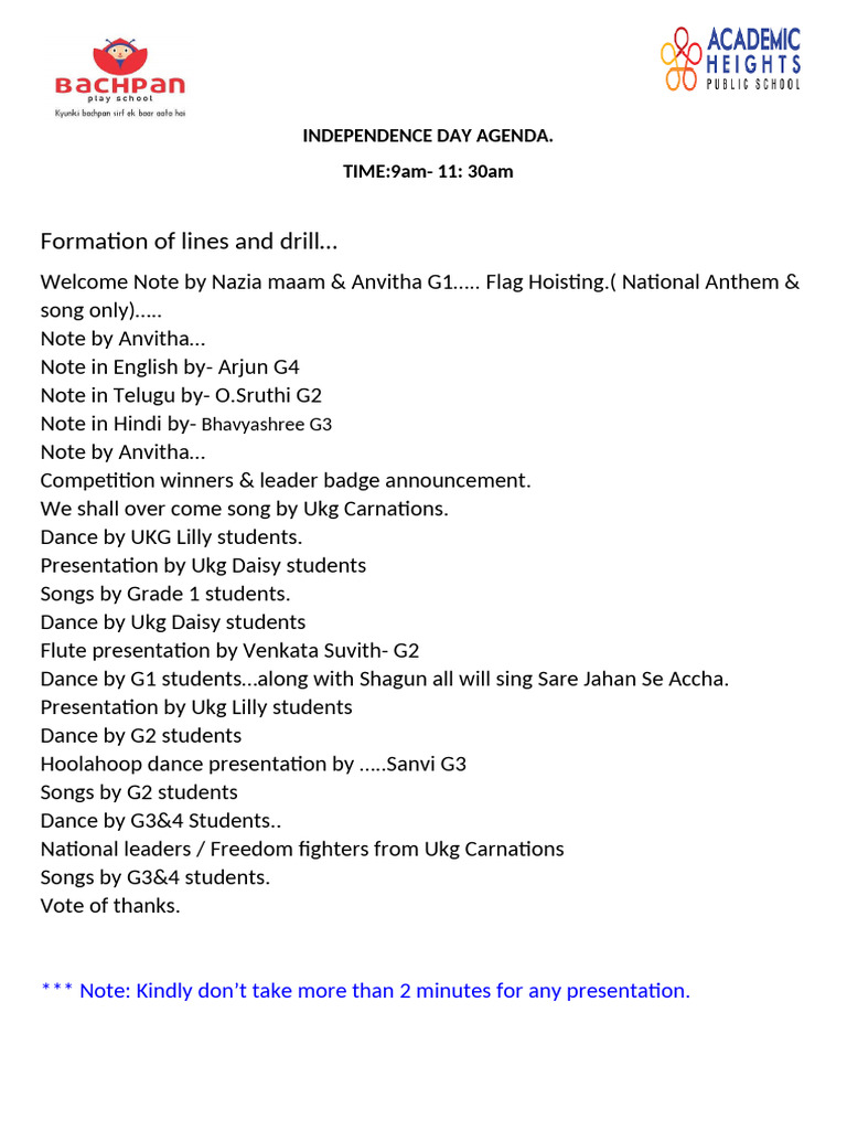 Independence Day Agenda | PDF