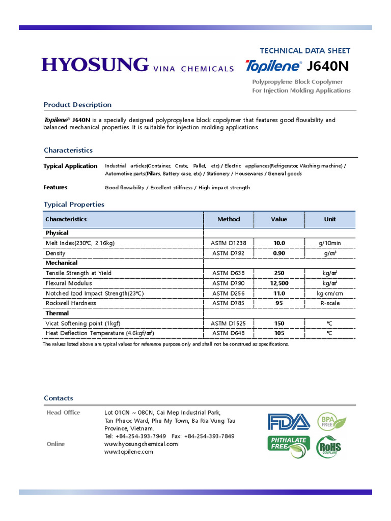 Polypropylene Block Copolymer J640N | PDF | Mechanical Engineering ...