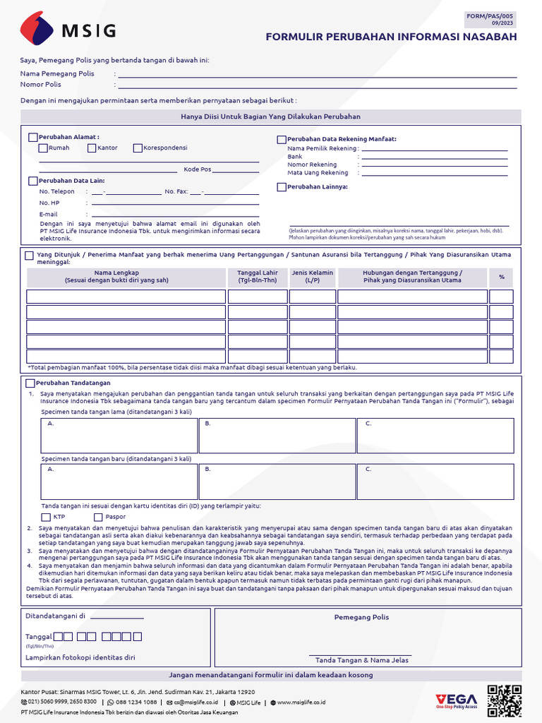 PAS005 - Form Perubahan Informasi Nasabah - MSIG | PDF