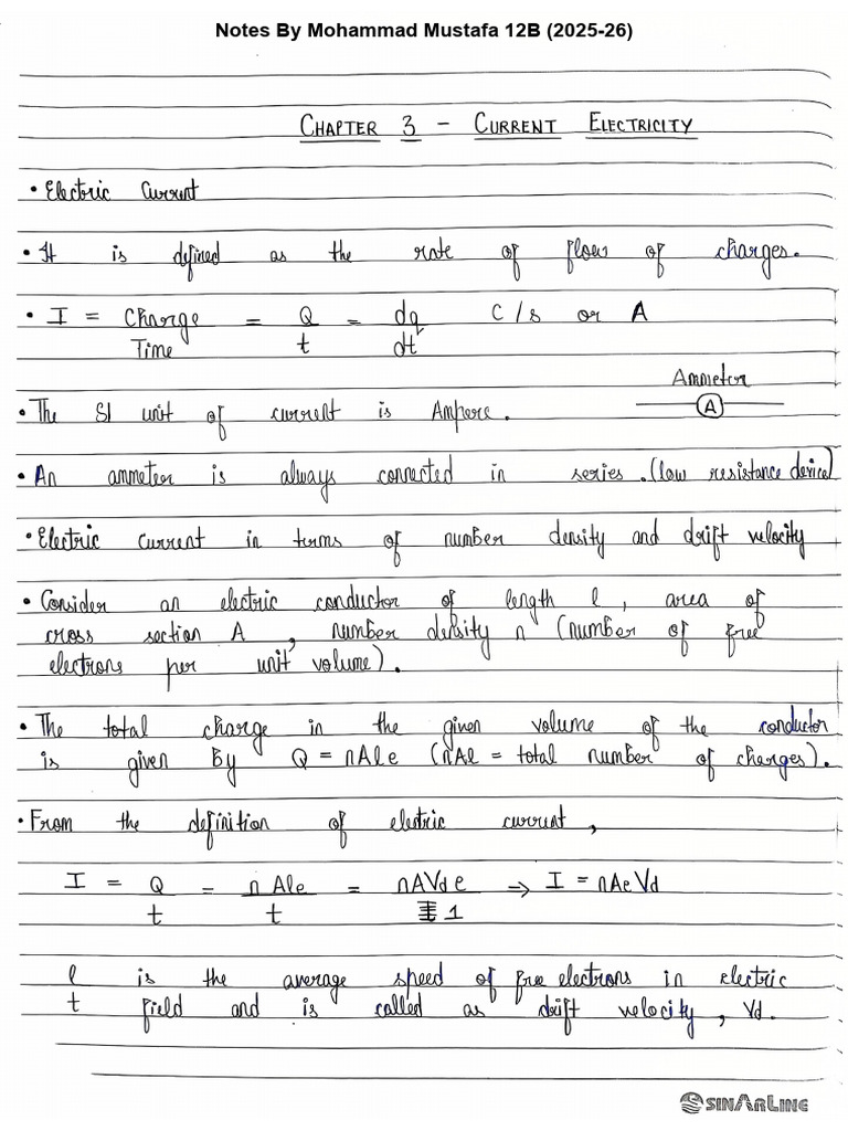 Current Electricity by Mustafa (Class Notes) | PDF