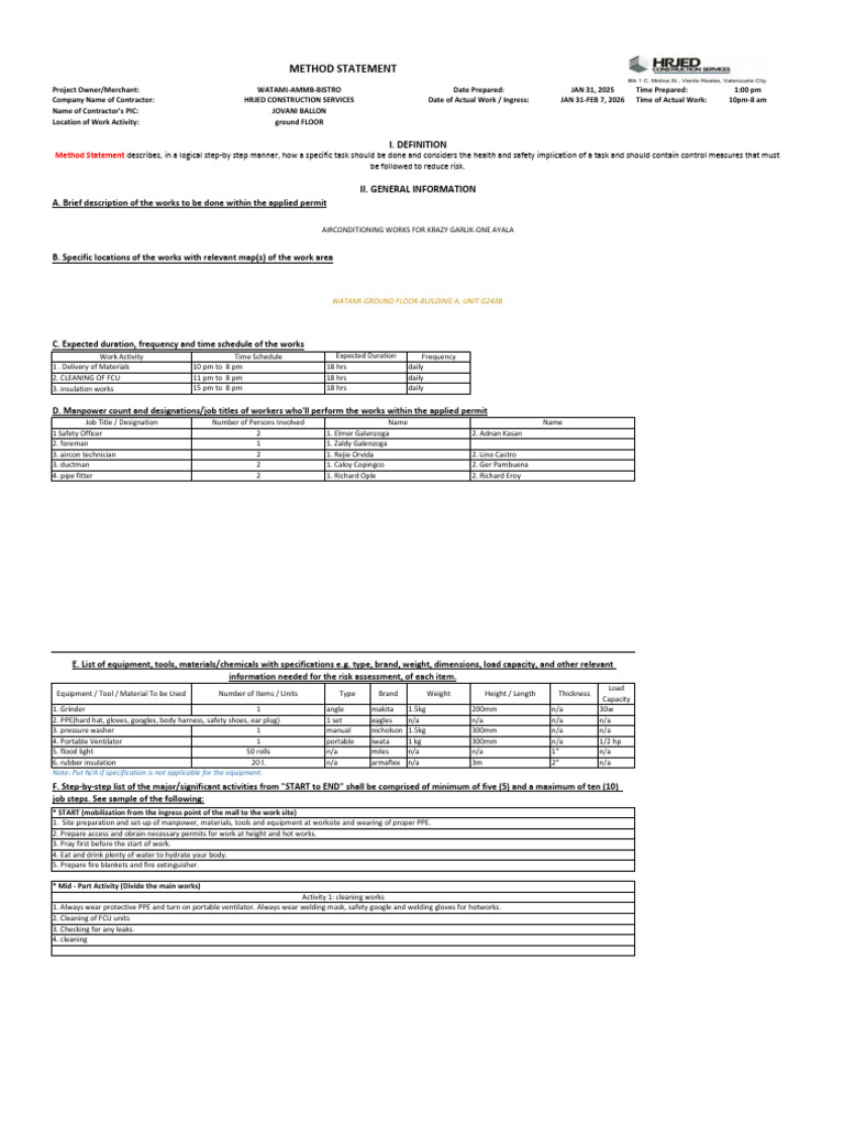 METHOD STATEMENT Format - 1 - Ac Cleaning - Watami Ammb | PDF ...