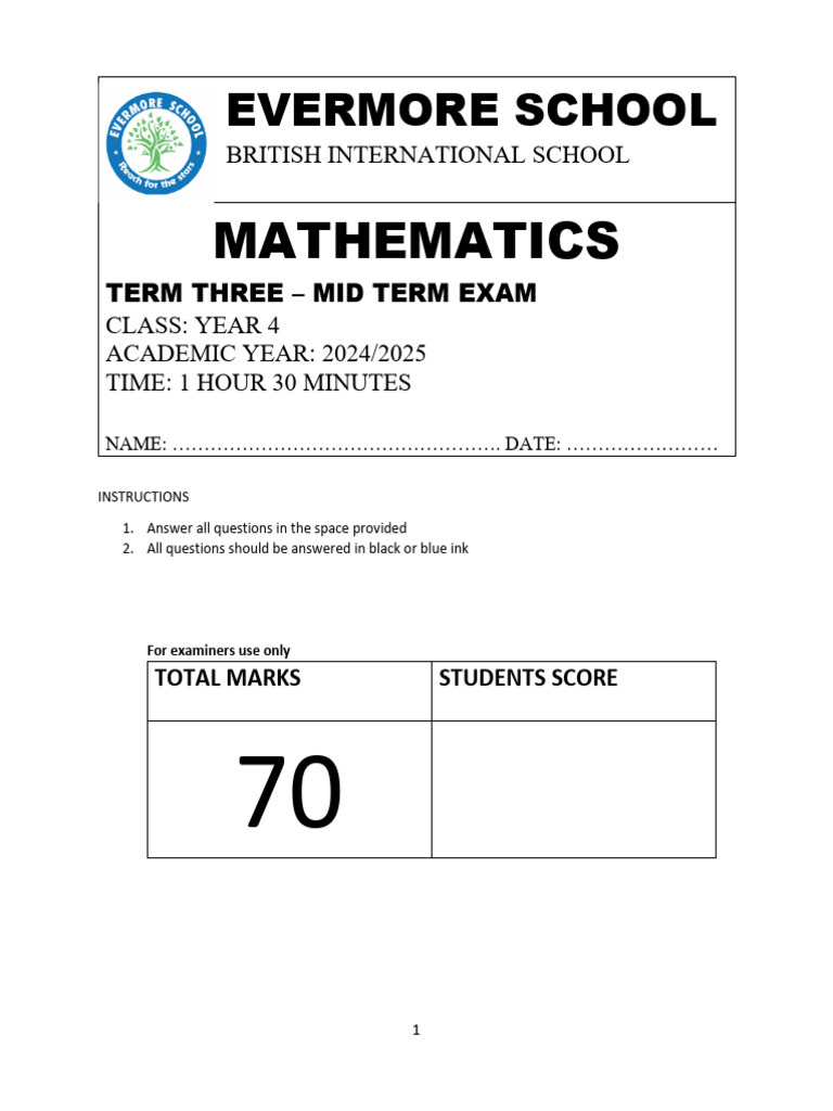 Grade 4 Term 3 Maths Exam Paper | PDF