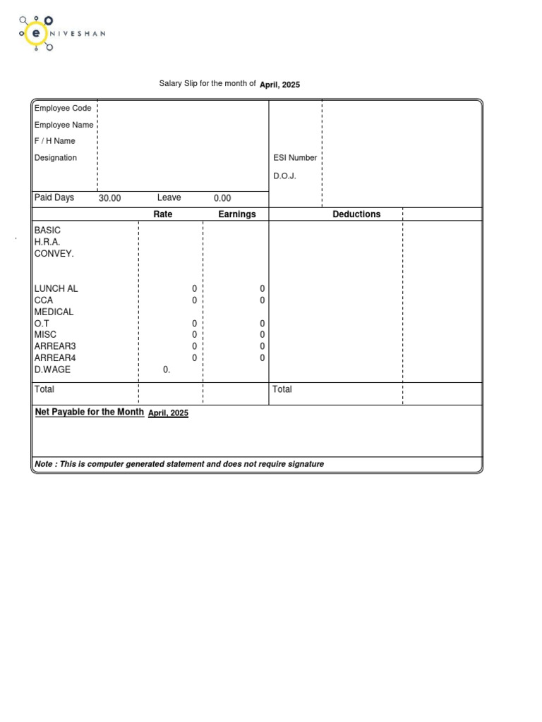 April 2025 Salary Slip for Employee | PDF