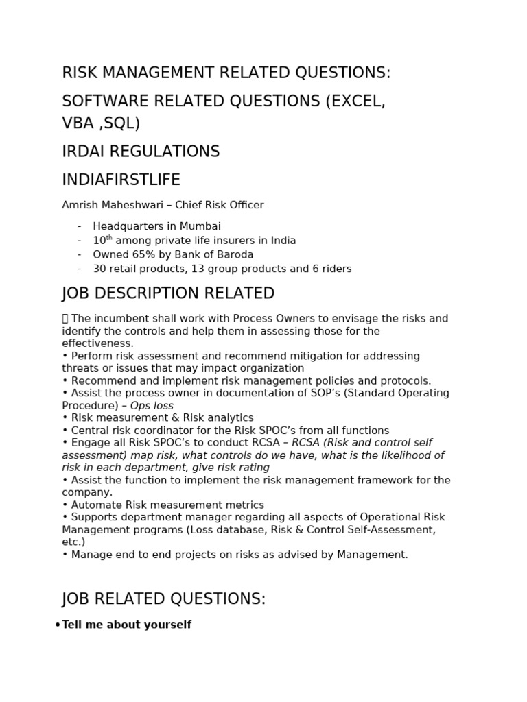 Interview Questions For Operational Risk Management | PDF