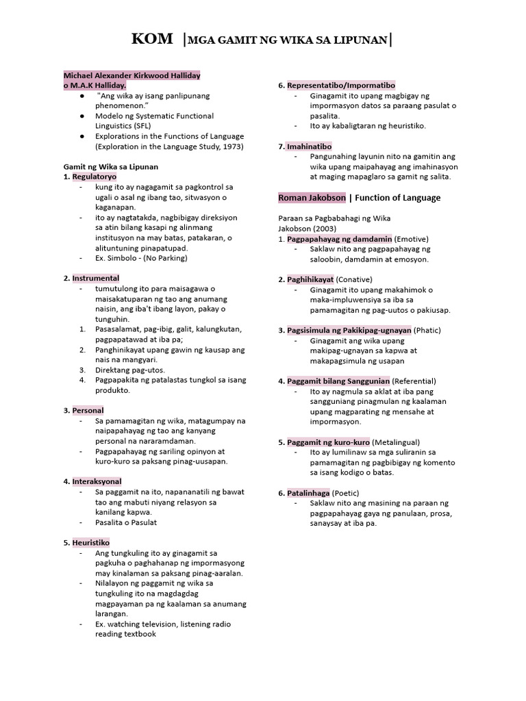 Kom Notes Q1 (Mga Gamit NG Wika Sa Lipunan) | PDF
