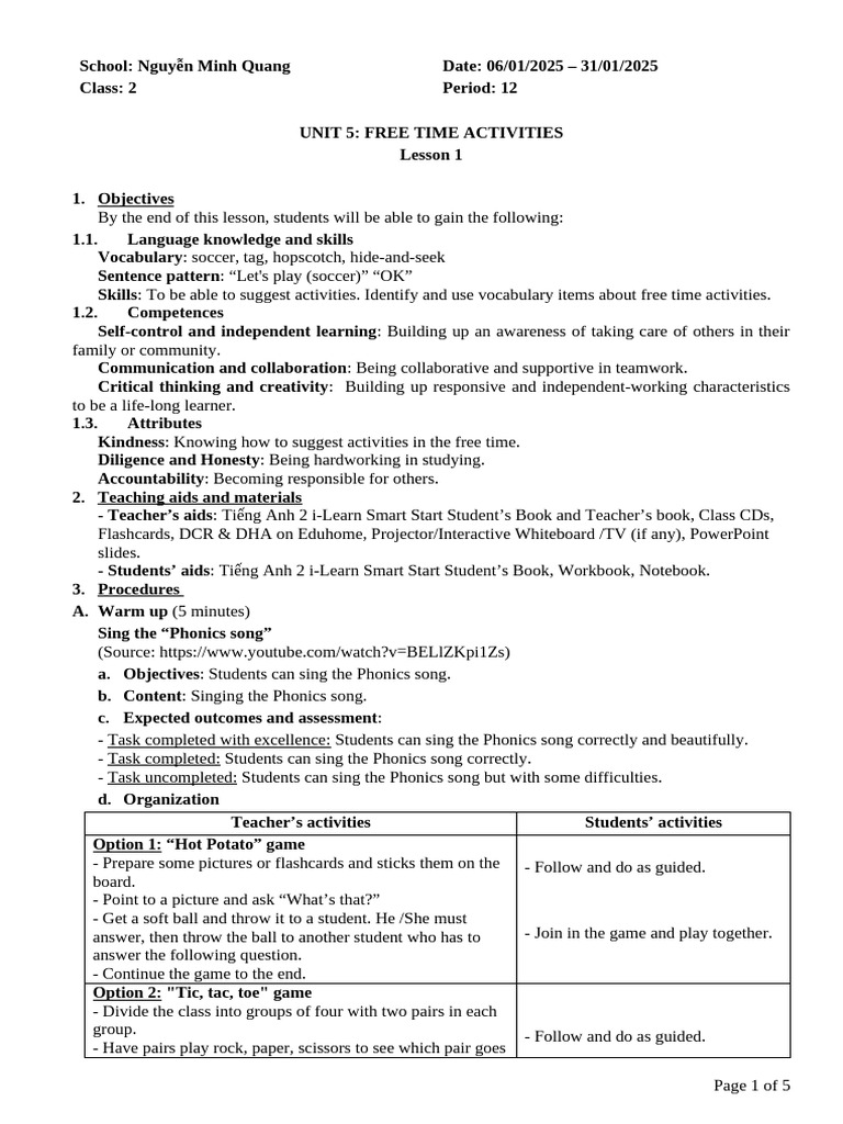 Free Time Activities Lesson Plan | PDF | Phonics | Cognitive Science