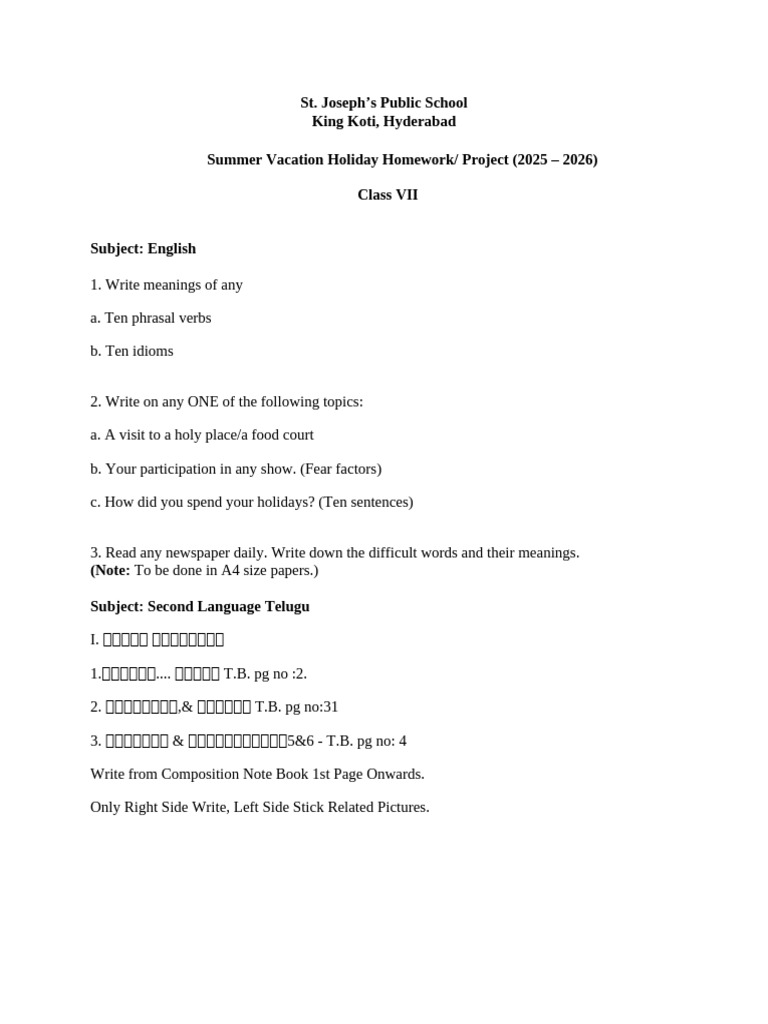Class VII Holiday Homework Overview | PDF | Leaf