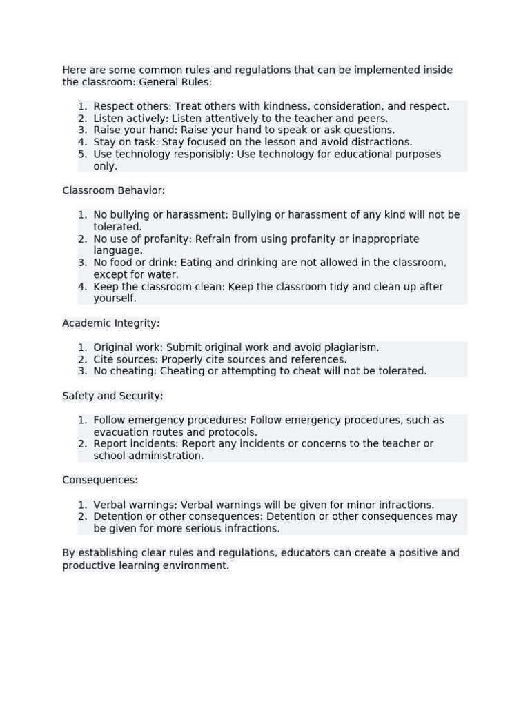 Classroom Rules for Positive Learning | PDF