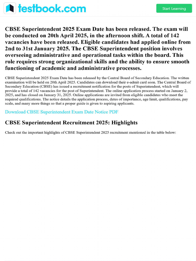 CBSE Superintendent 2025exam Info | PDF