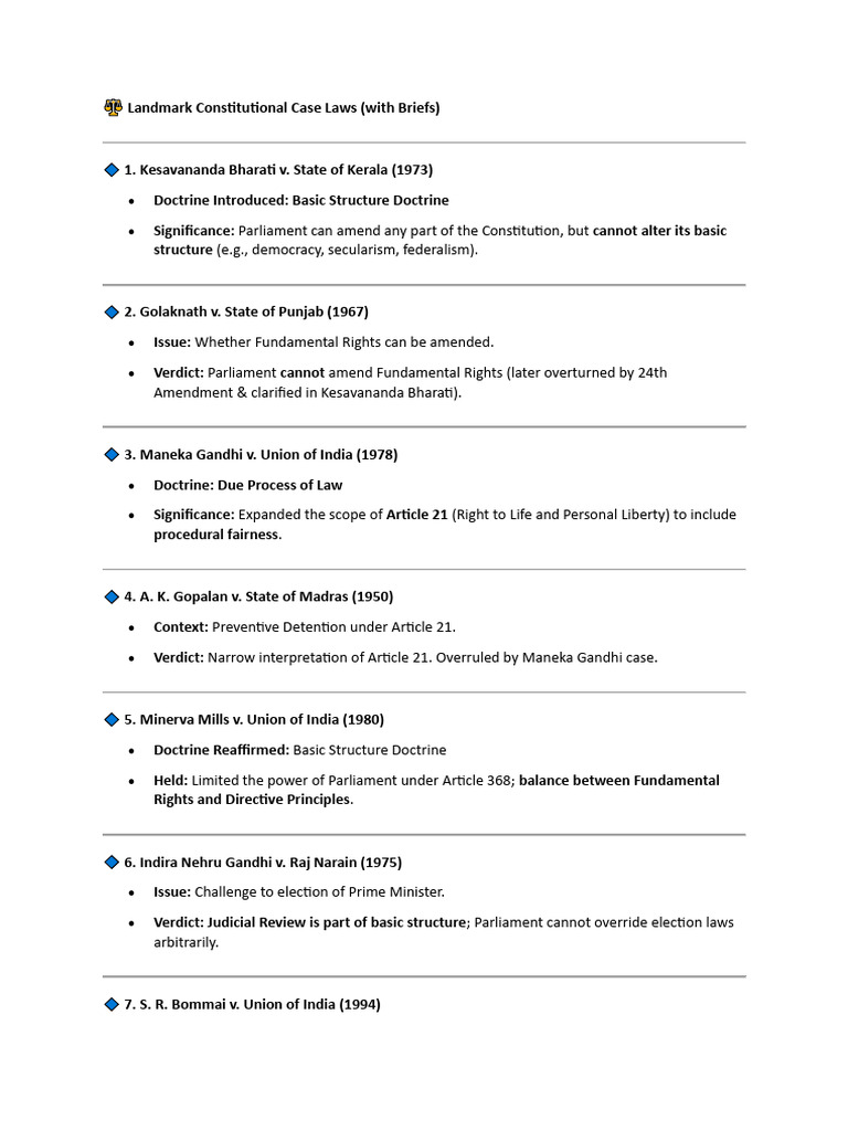 Landmark Constitutional Case Laws Pdf Constitutional Law Justice