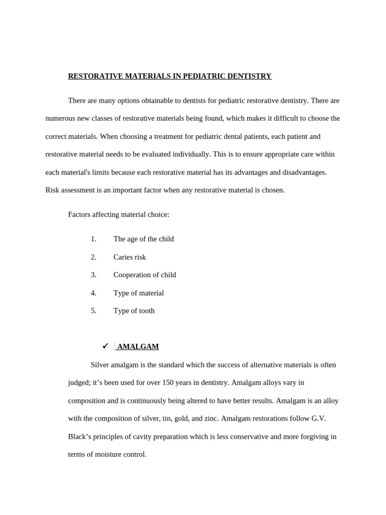 Pediatric Dental Restorative Materials Guide | PDF | Dental Composite ...