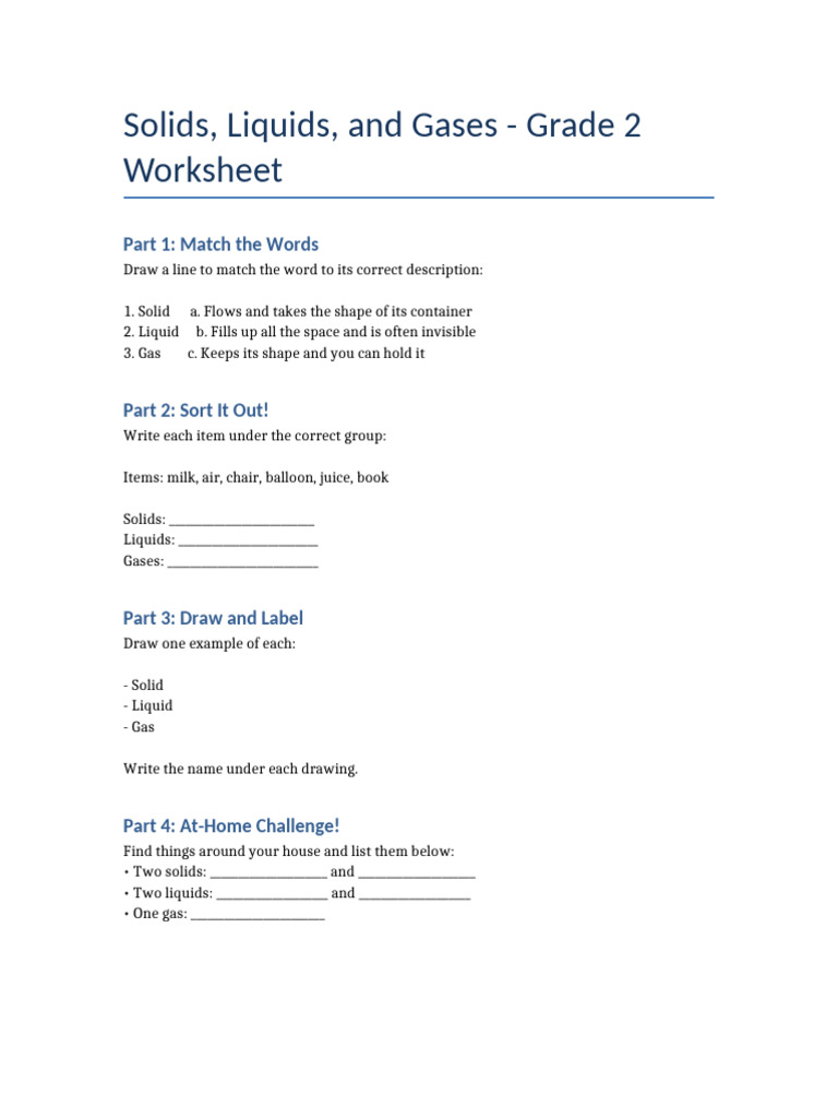 Solids Liquids Gases Grade2 Worksheet | PDF