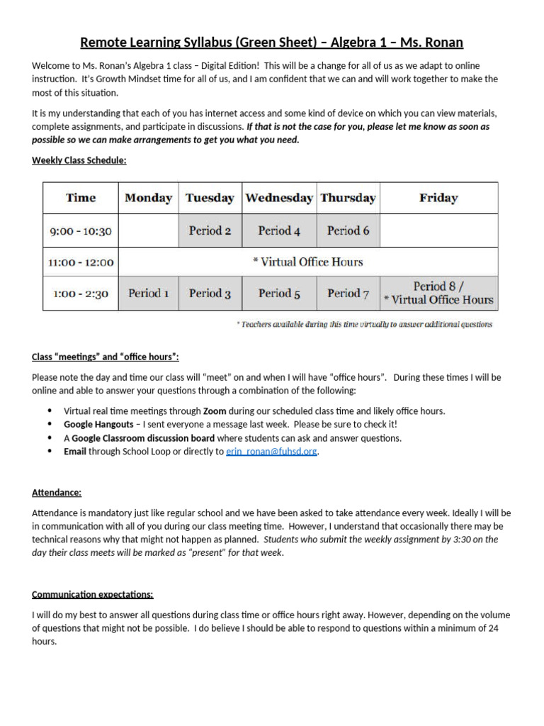 Ronan Remote Learning Syllabus Algebra | PDF | Quadratic Equation ...