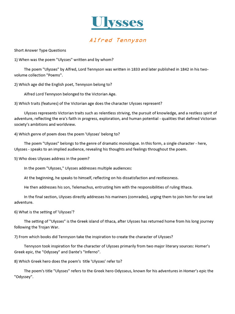 Tennyson's Ulysses: Key Insights & Analysis | PDF | Odysseus | Odyssey