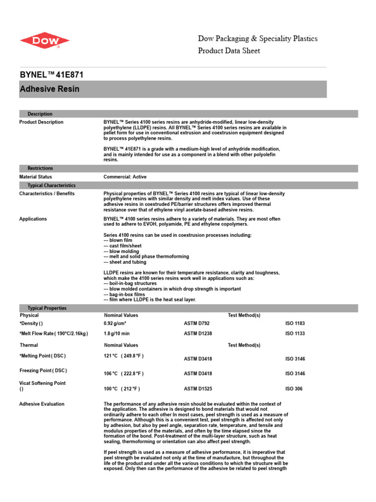 BYNEL™ 41E871 Adhesive Resin Overview | PDF | Polyethylene | Extrusion