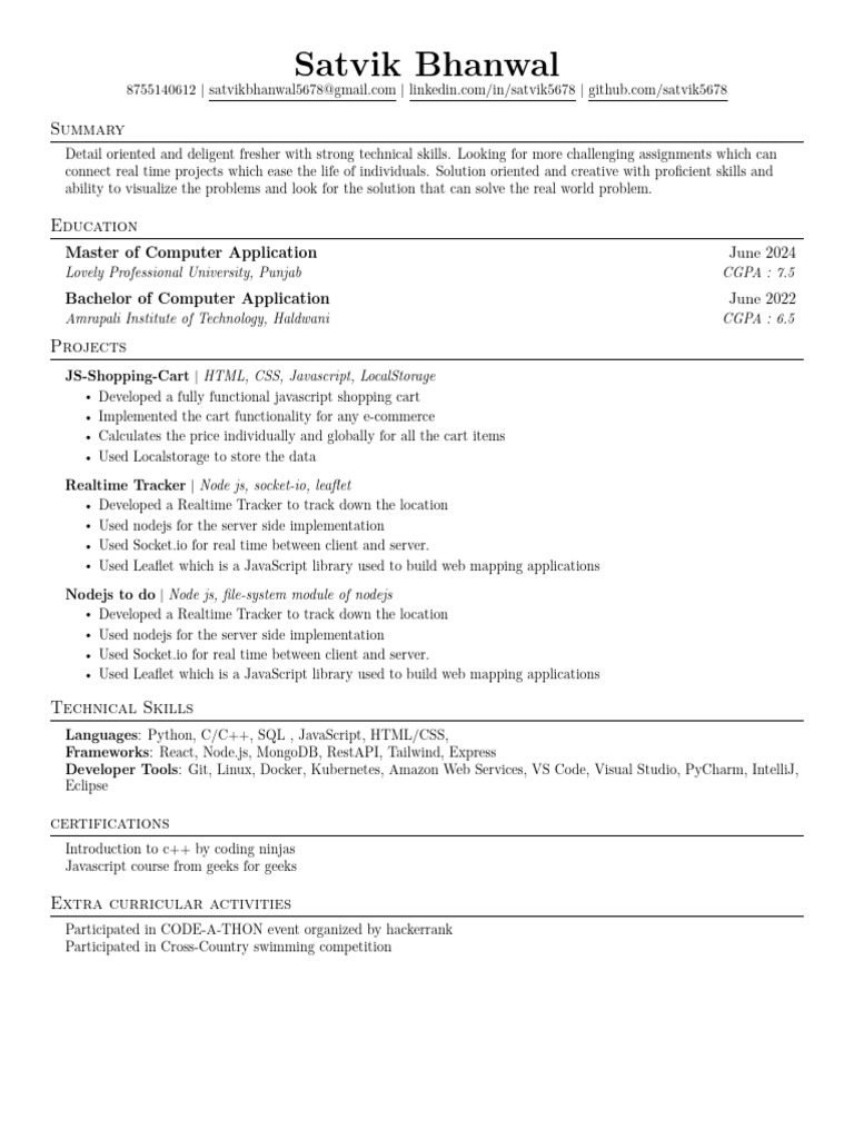 Fresh Computer Science Graduate Resume | PDF