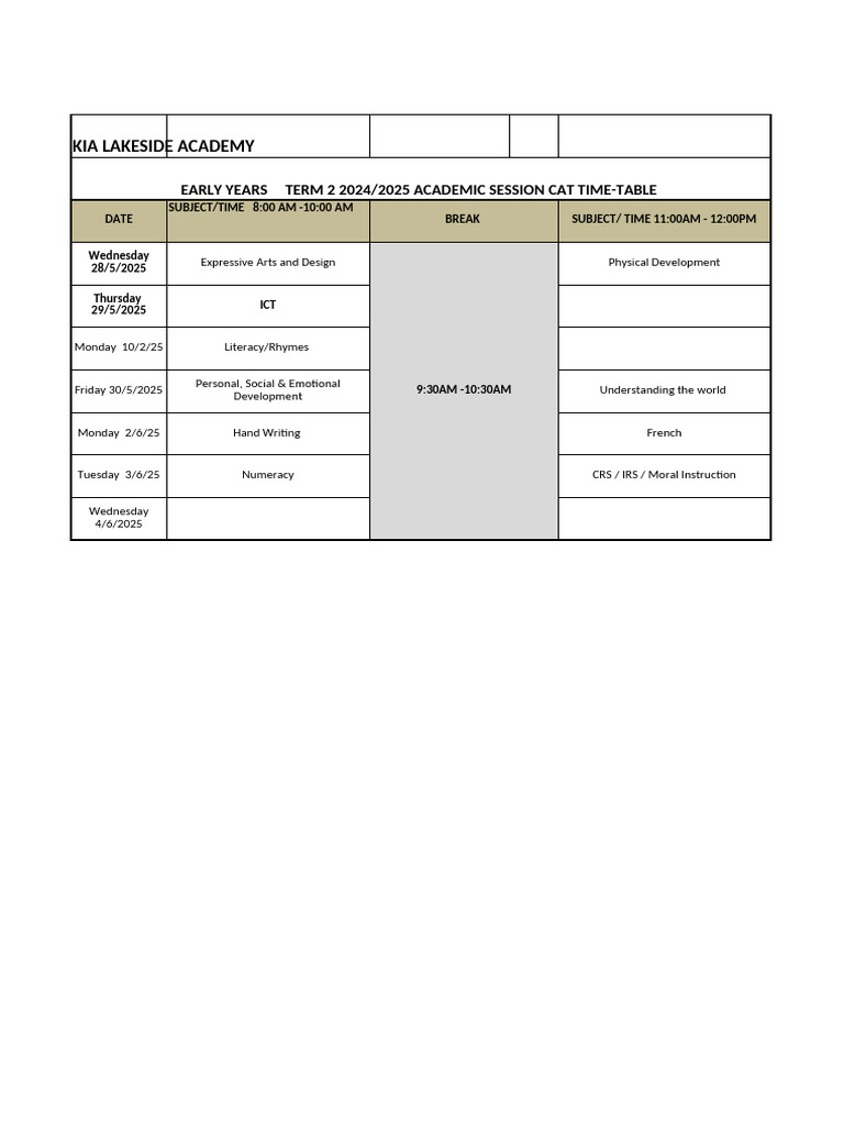 KIA Lakeside Academy CAT Timetable 2025 | PDF