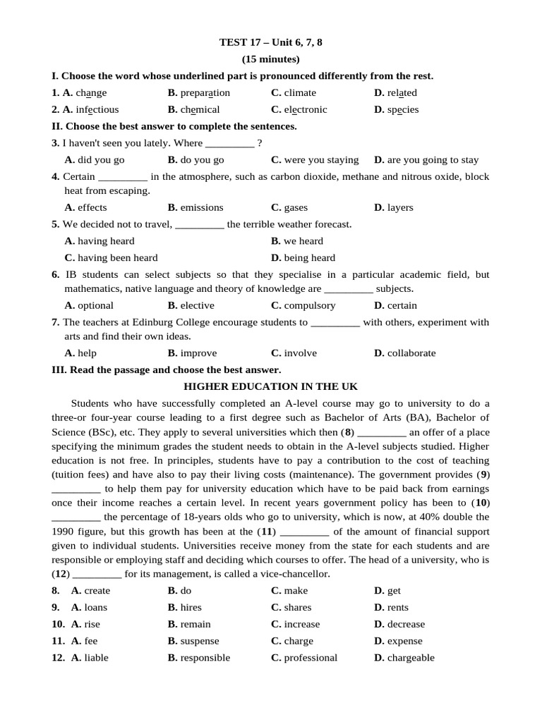 TEST 17 - Unit 6, 7, 8 (15 Minutes) | PDF | Cost Of Living | Greenhouse Gas