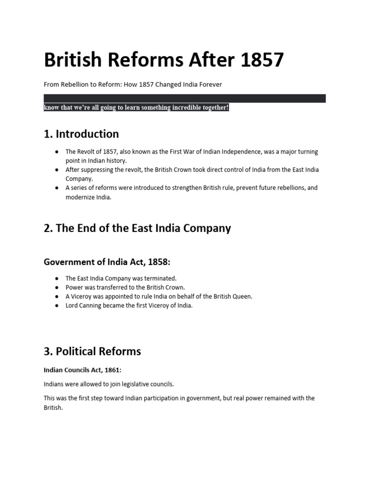 British Reforms Post-1857 Revolt | PDF | British Raj | Indian Rebellion ...