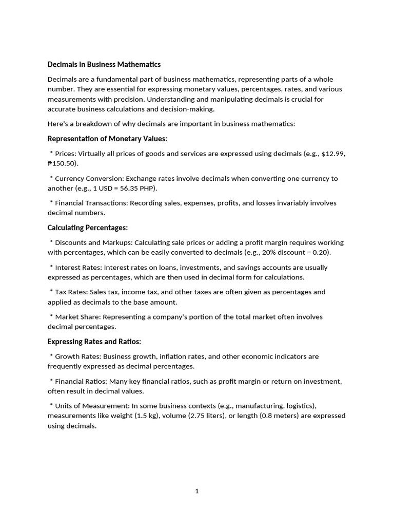 Understanding Decimals in Business Math | PDF | Depreciation | Decimal
