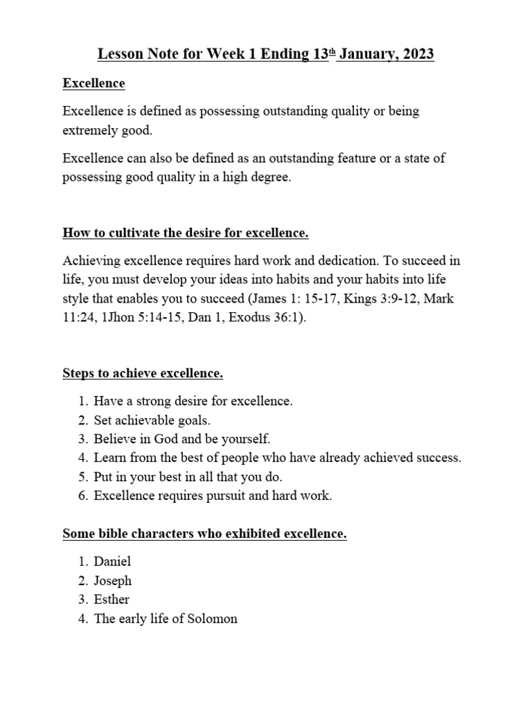 Lesson Note For Week 1 Ending 13 January, 2023: Excellence | PDF | Hell ...