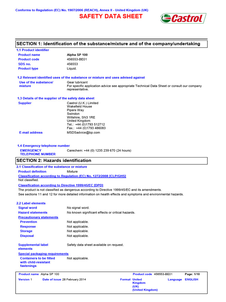 Alpha SP 100 Safety Data Sheet | PDF | Occupational Safety And Health ...