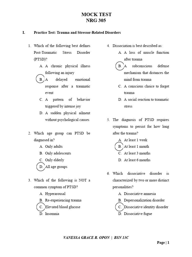 PTSD and Anxiety Disorders Practice Test | PDF | Obsessive–Compulsive ...