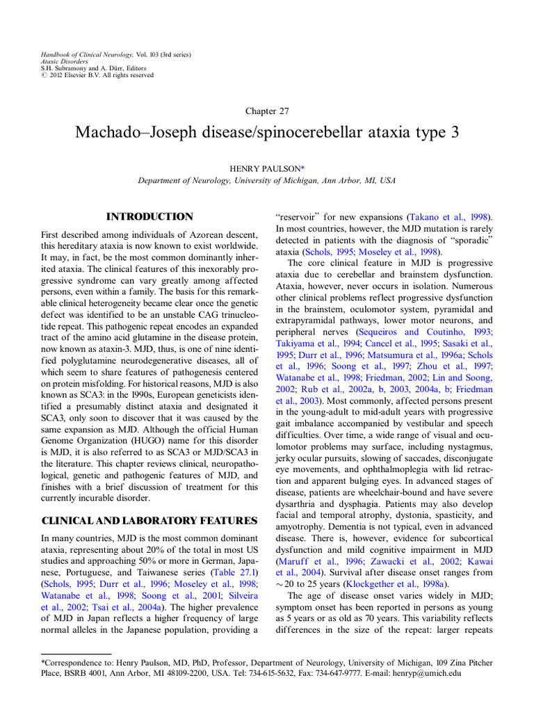 Machado-Joseph Disease/spinocerebellar Ataxia Type 3 | PDF | Cerebellum ...