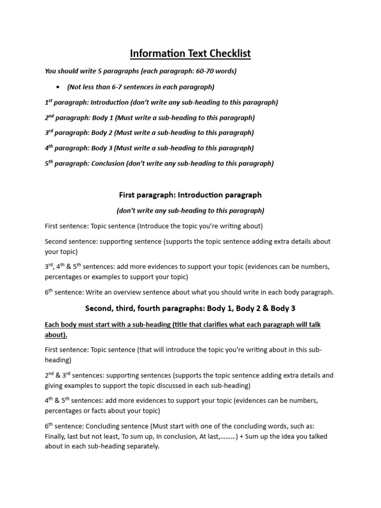 Information Text Checklist Y8 | PDF