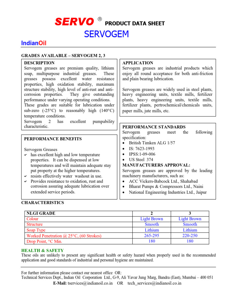 Servogem Grease Product Overview | PDF | Materials
