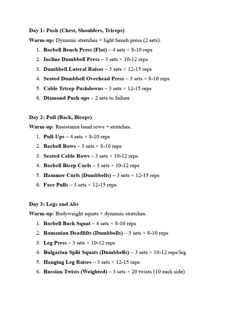 5-Day Workout Plan: Push, Pull, Legs | PDF