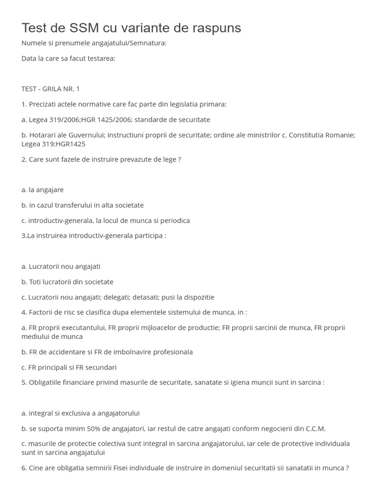 Model Document Test de SSM Cu Variante de Raspuns | PDF