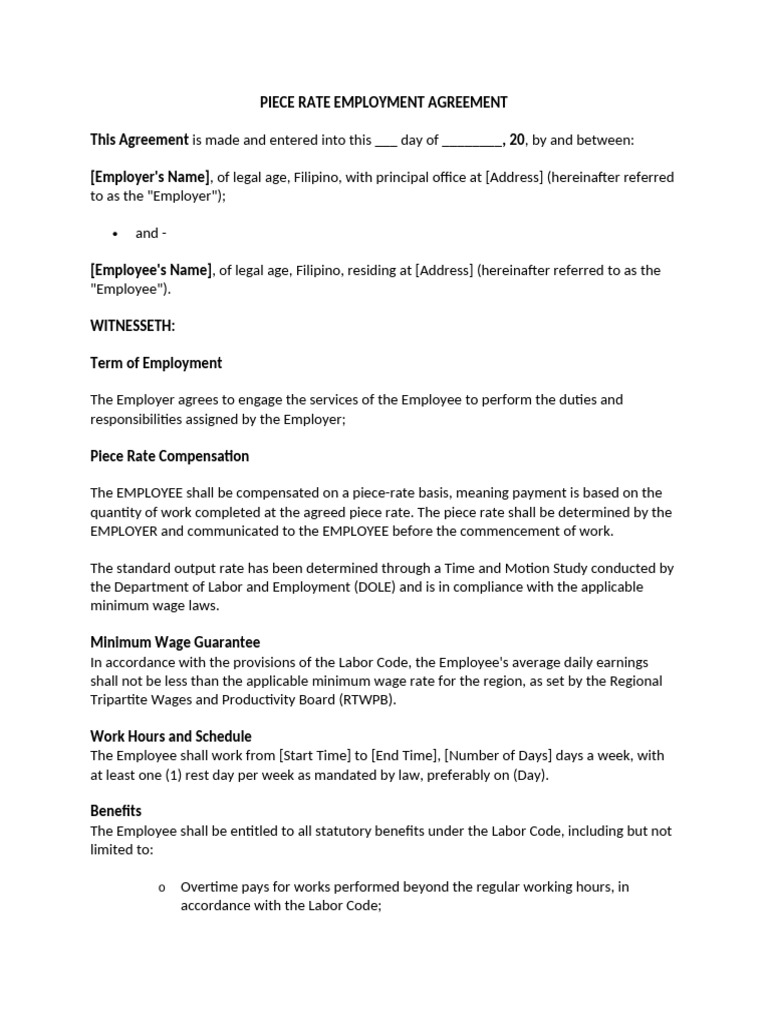 Piece Rate Employment Agreement | PDF | Employment | Piece Work