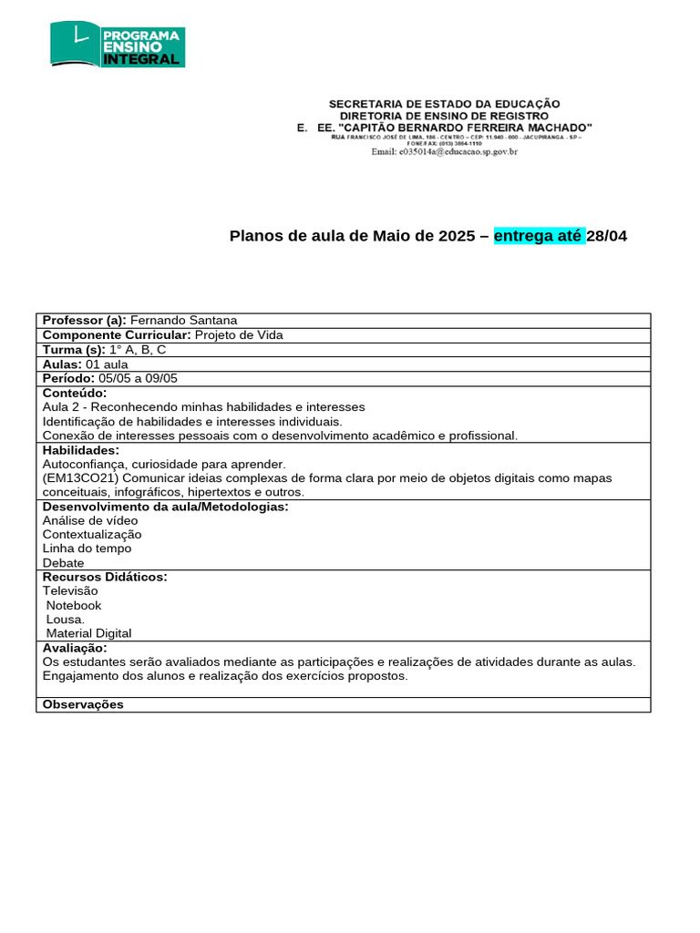 Planos de Aula: Projeto de Vida Maio 2025 | PDF