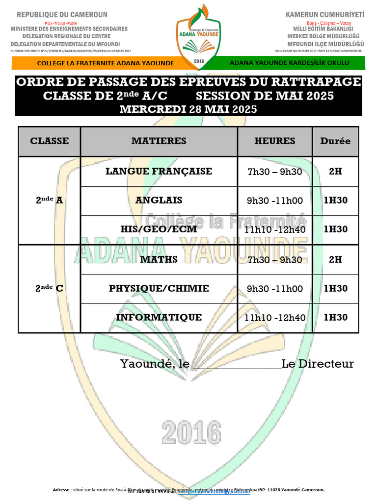 Rattrapage 2025 au Collège La Fraternité | PDF