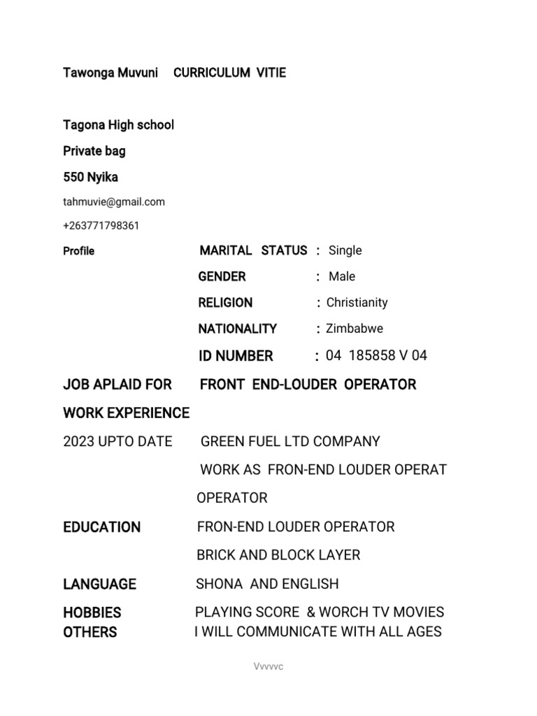 Front End Loader Operator CV | PDF