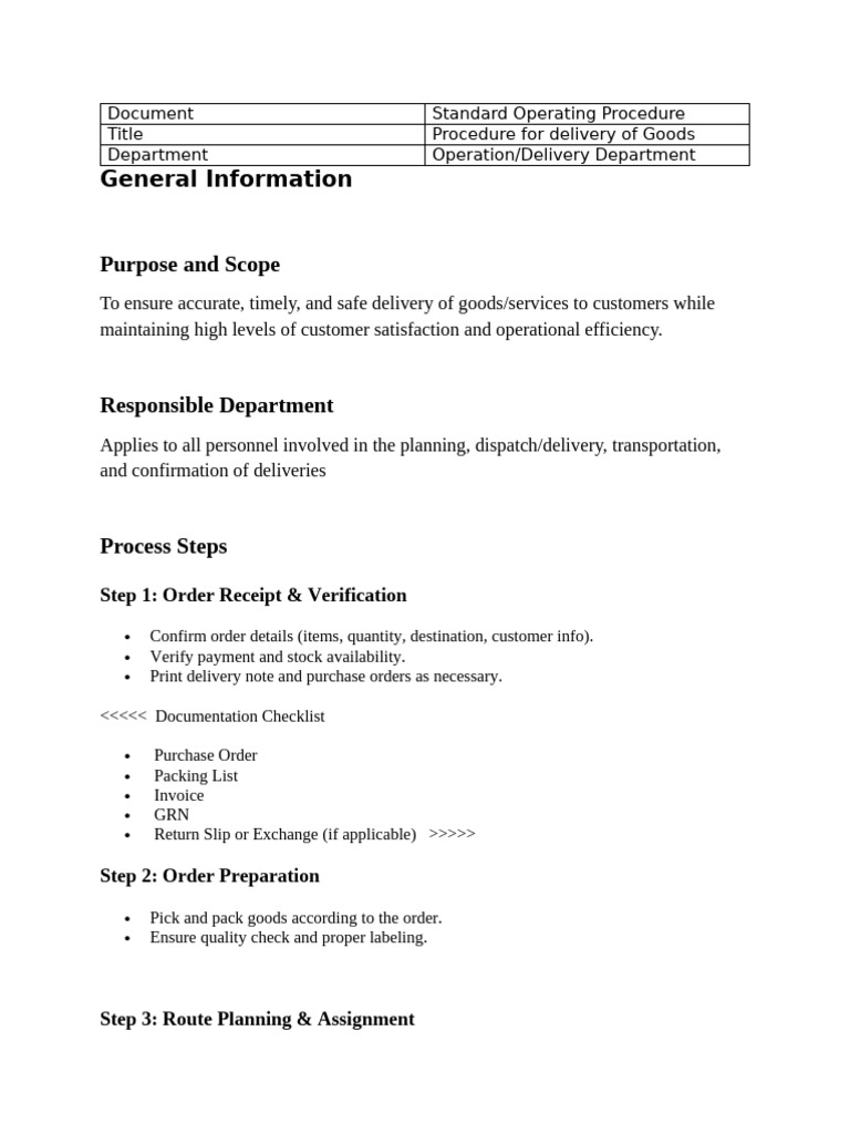 Goods Delivery SOP for Operations | PDF