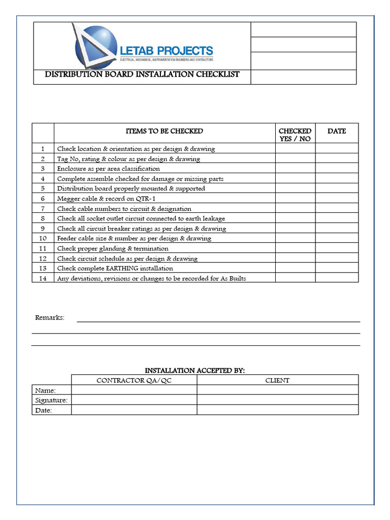 Distribution Board Installation Checklist | PDF