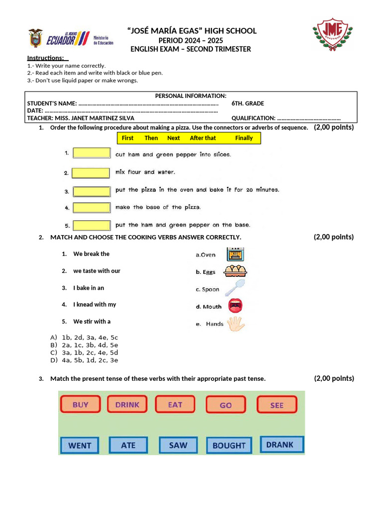 Examen de Inglés - Sexto Grado 2024-2025 | PDF